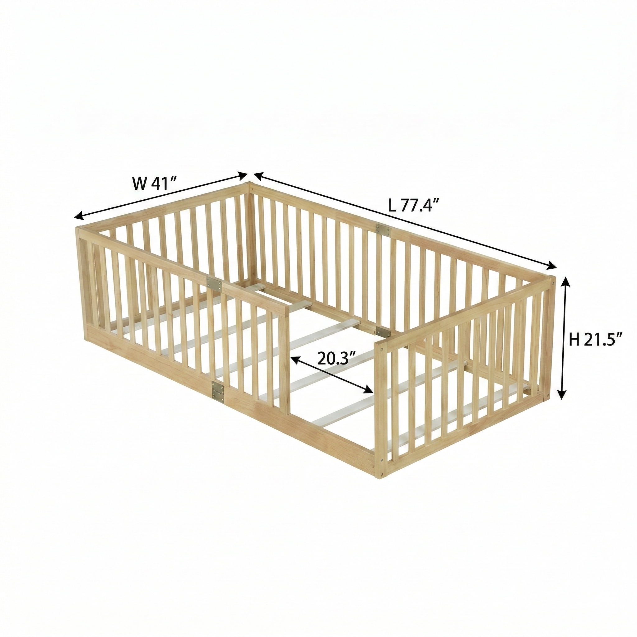 Miniyam Twin Size Floor Bed with High Safety Fence for Kids, Natural