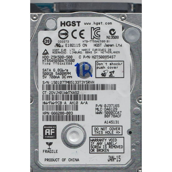 HTS545050A7E680, PN 0J37165, MLC DA6129, Hitachi 500GB SATA 2.5 Hard Drive