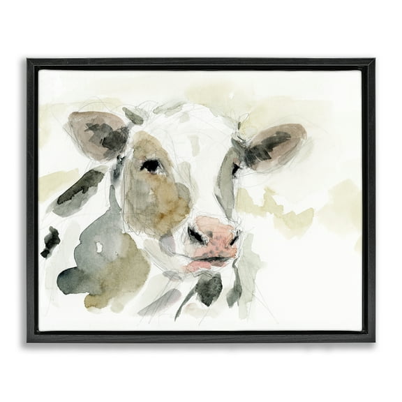 Stupell Industries Soft Watercolor Cow Animals & Insects Painting Black Floater Framed Canvas Art Print Wall Art, 21 x 17