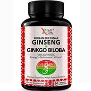 Korean Red Panax Ginseng 1200mg   Ginkgo Biloba - Extra Strength Root Extract Powder Supplement w/High Ginsenosides Vegan Capsules for Energy, Performance & Focus Pills for Men & Women
