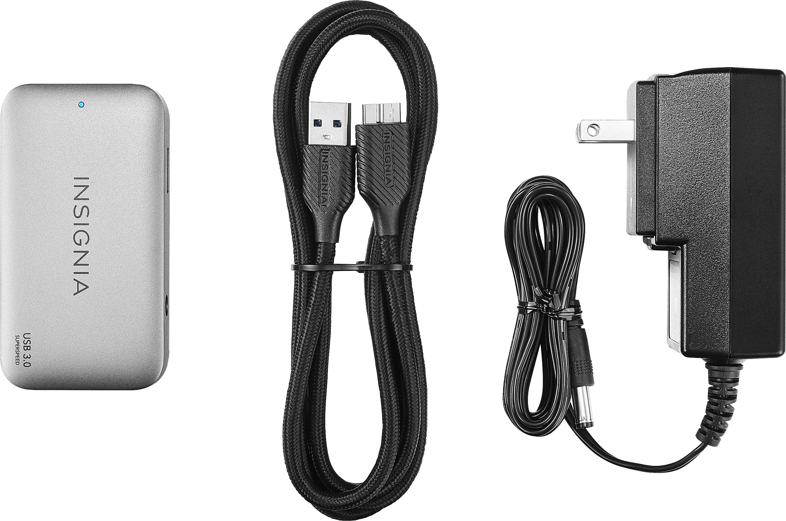 Insignia 4-Port USB 3.0 Hub with 5ft. Cable Power Supply, USB Splitter Expander for Laptop, Xbox, Flash Drive, HDD, Console, Printer, Camera, Keyborad, Mouse, MacBook, Surface, PC, Silver Grey