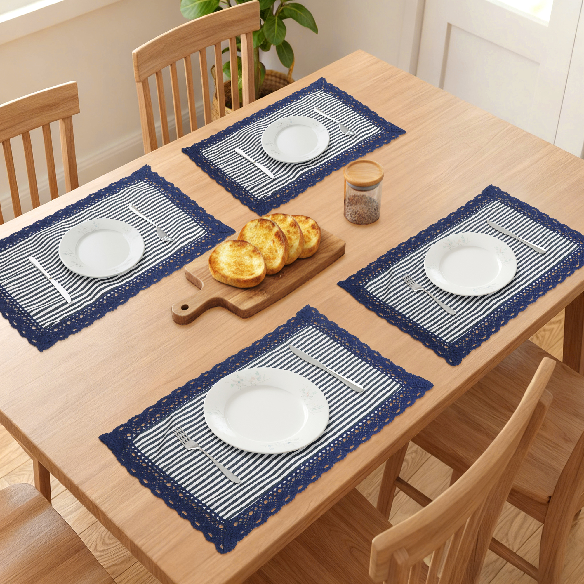 Unique Bargains Set of 6 Rustic Washable Table Mat Placemats with Lace Trim Blue