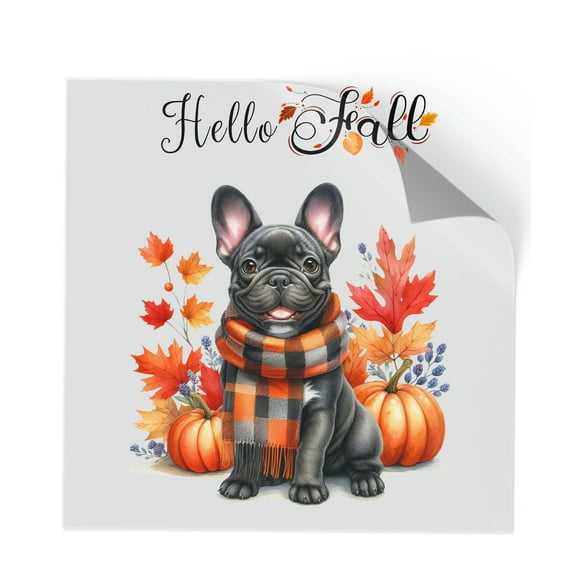 Hello Fall French Bulldog Scarf Welcome Autumn with Leaves Pumpkins Cutout Transfer Sticker Dog Lover Gifts Transparent Decal Art Decor - 00011