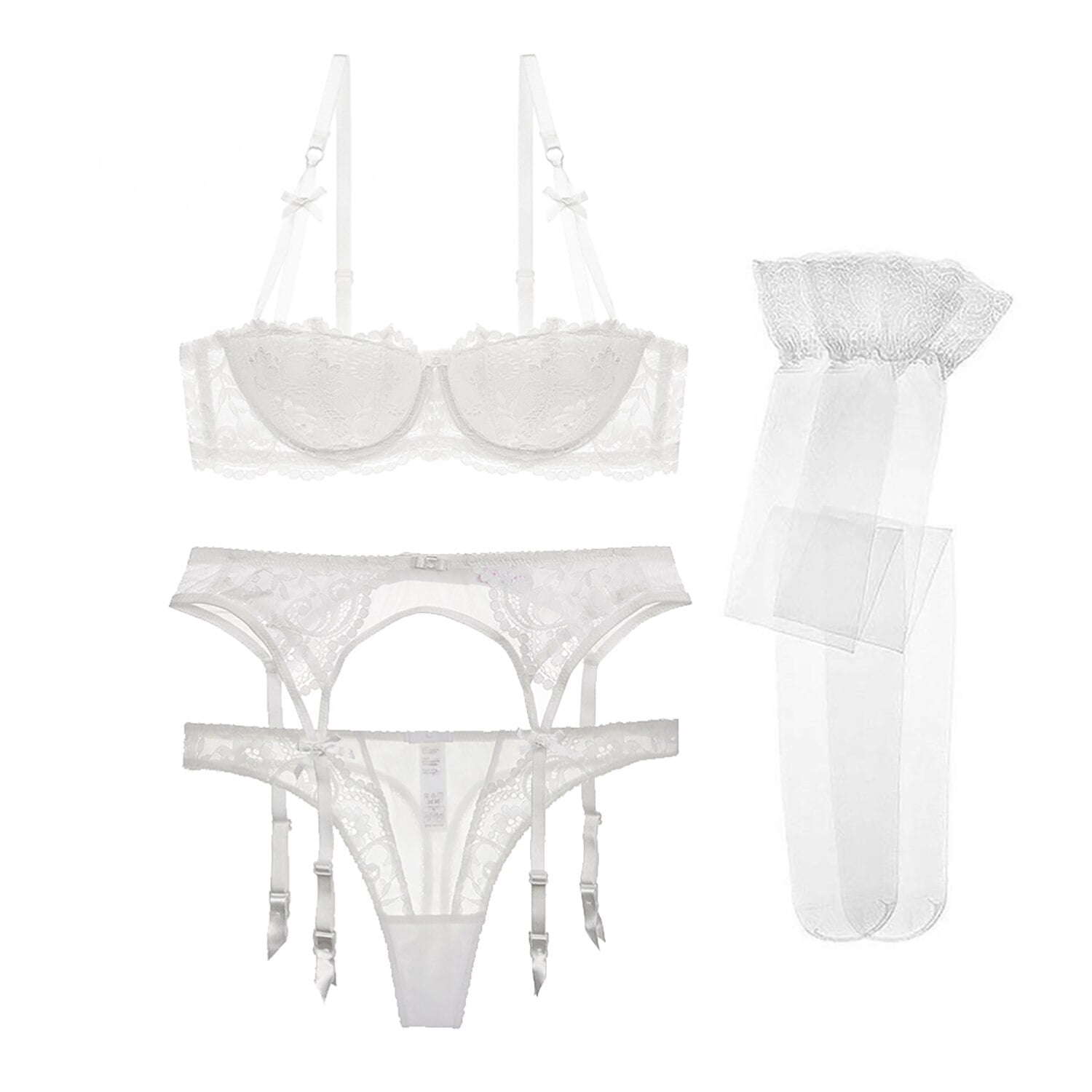 Women Push Up Cotton Bras Set Lace Lingerie Bra and Thong and Garter and Stocking 4pcs
