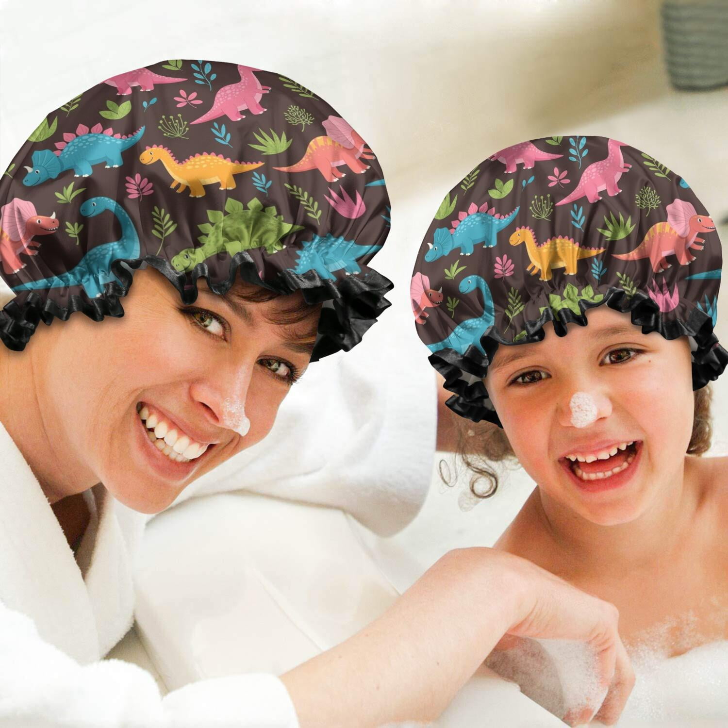 Shower Caps,DarkBrown Cartoon Dinosaurs Colorful Plants Pattern Waterproof Shower Cap for Women 4 Pieces,Double Reusable Hair Cover for Shower PEVA Elastic Stretch Hem