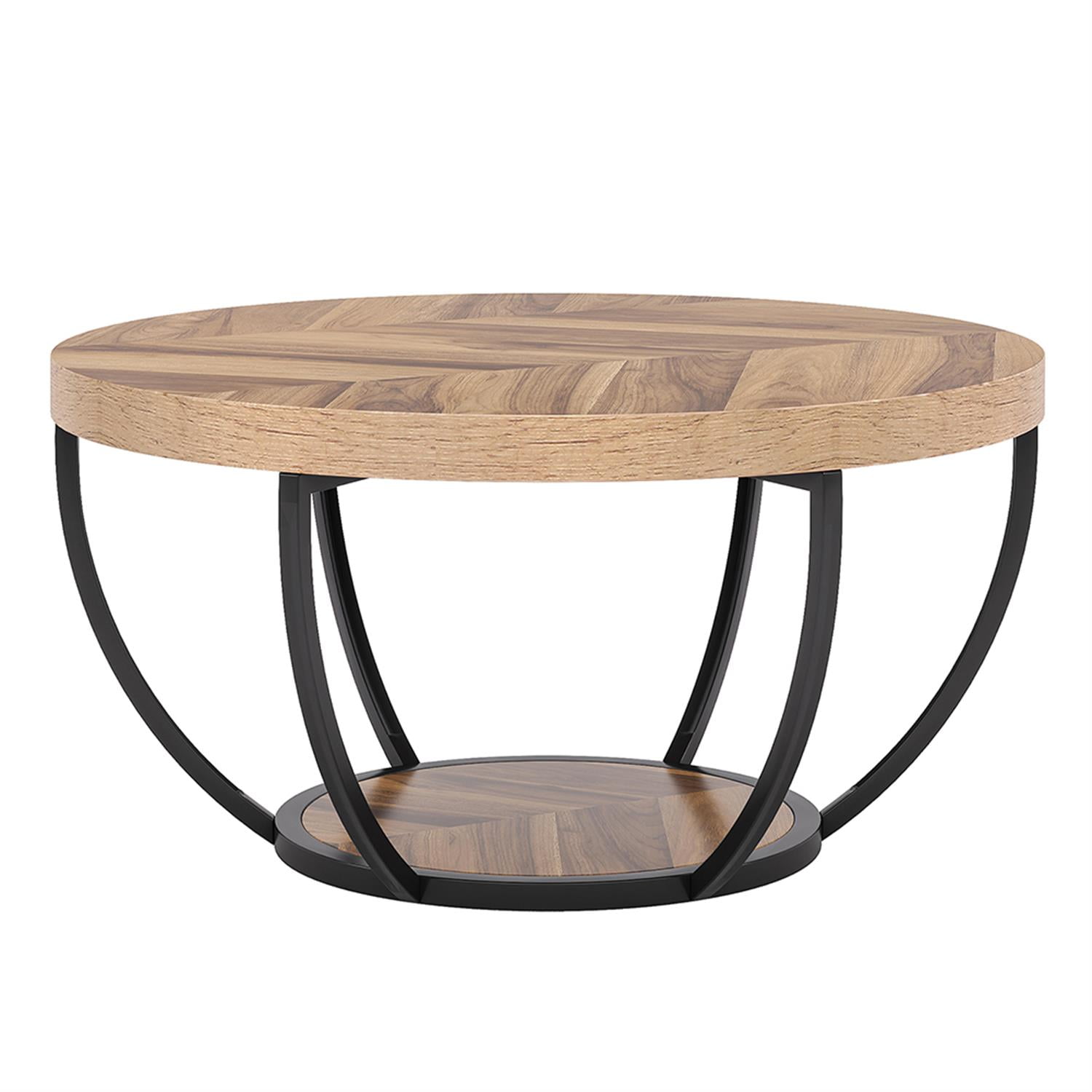 Demi Bonn Wooden Coffee Table, 2-Tier Round Central Cocktail Table with Shelves for Living Room, Beige
