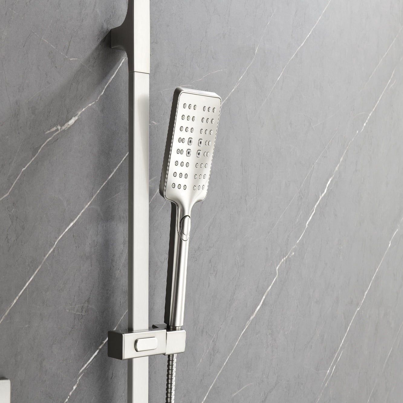 Shower System with Shower Head, Hand Shower, Slide Bar, Bodysprays, Shower Arm, Hose, Valve Trim, and Lever Handles