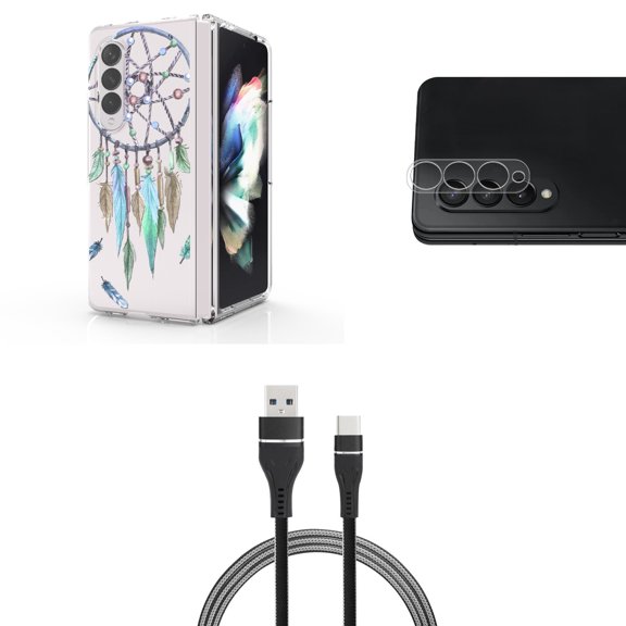 Accessory Bundle for Galaxy Z Fold 4: Slim Snap-On Case (Teal Mint Dreamcatcher), Rear Camera Glass Protector, Nylon Braided USB-C to USB-A Cable (3 Feet)