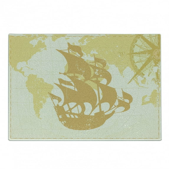 Nautical Cutting Board, Double Exposure Vintage Graphic with Old World Map a Nostalgic Sailboat Compass Concept, Decorative Tempered Glass Cutting and Serving Board, Small Size, Beige, by Ambesonne