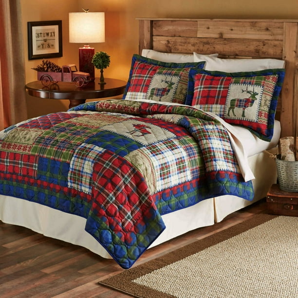 Mainstays Winter Cabin Printed Bedding Quilt Set, Green Red Walmart