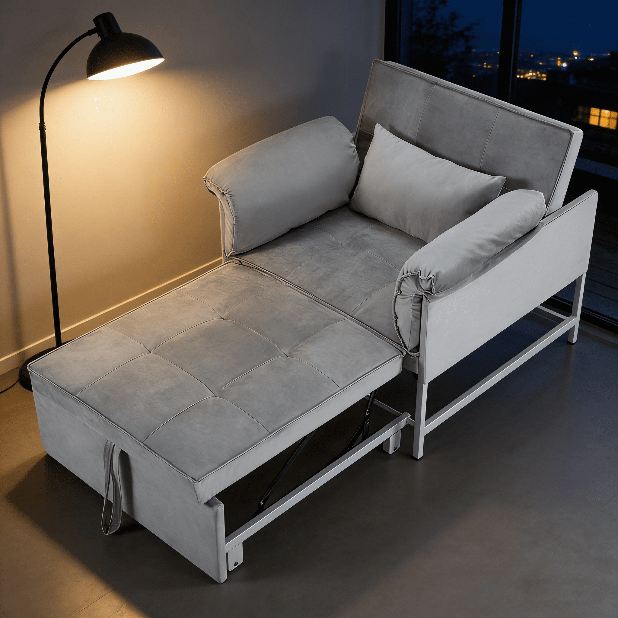 BSHTI 34.3" Convertible Pull-Out Sleeper Chair, Twin-Size Bed with Velvet Upholstery, 3-Position Adjustable Backrest, Metal Frame for Small Space & Guest Room, Gray