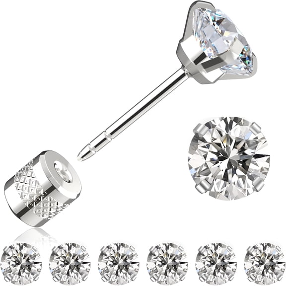 DESIGNICE Threadless Flat Back Stud Earrings,6 Pairs Titanium Hypoallergenic Earrings for Women Men,Cubic Zirconia Silver Gold Stud Earrings Surgical Stainless Steel Stud Earring Set