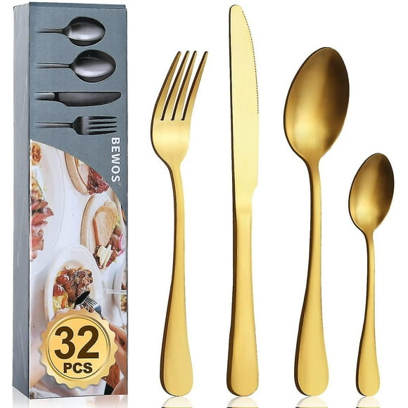 32 Piece Stainless Steel Matt Gold Flatware Set