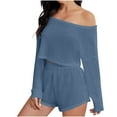 thumbnail image 2 of TrendVibe365 Summer Outfits for Women 2 Piece Solid Color Knit Bandeau Off Shoulder Long Sleeve Shirts and Shorts Casual Travel Pajamas Lounge Set Loungewear Summer Outfits, 2 of 4