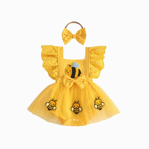 enyan Baby Girl Clothes 3-18 Months Dress Cute Sleeveless Bees Embroidery Bodysuit with Headband Summer Romper(Yellow,3-6 Months)