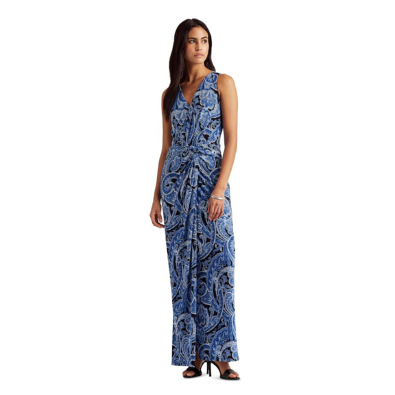 $150 Lauren Ralph Lauren Petite Paisley Twist-Front Jersey Dress, Navy Mu, 2