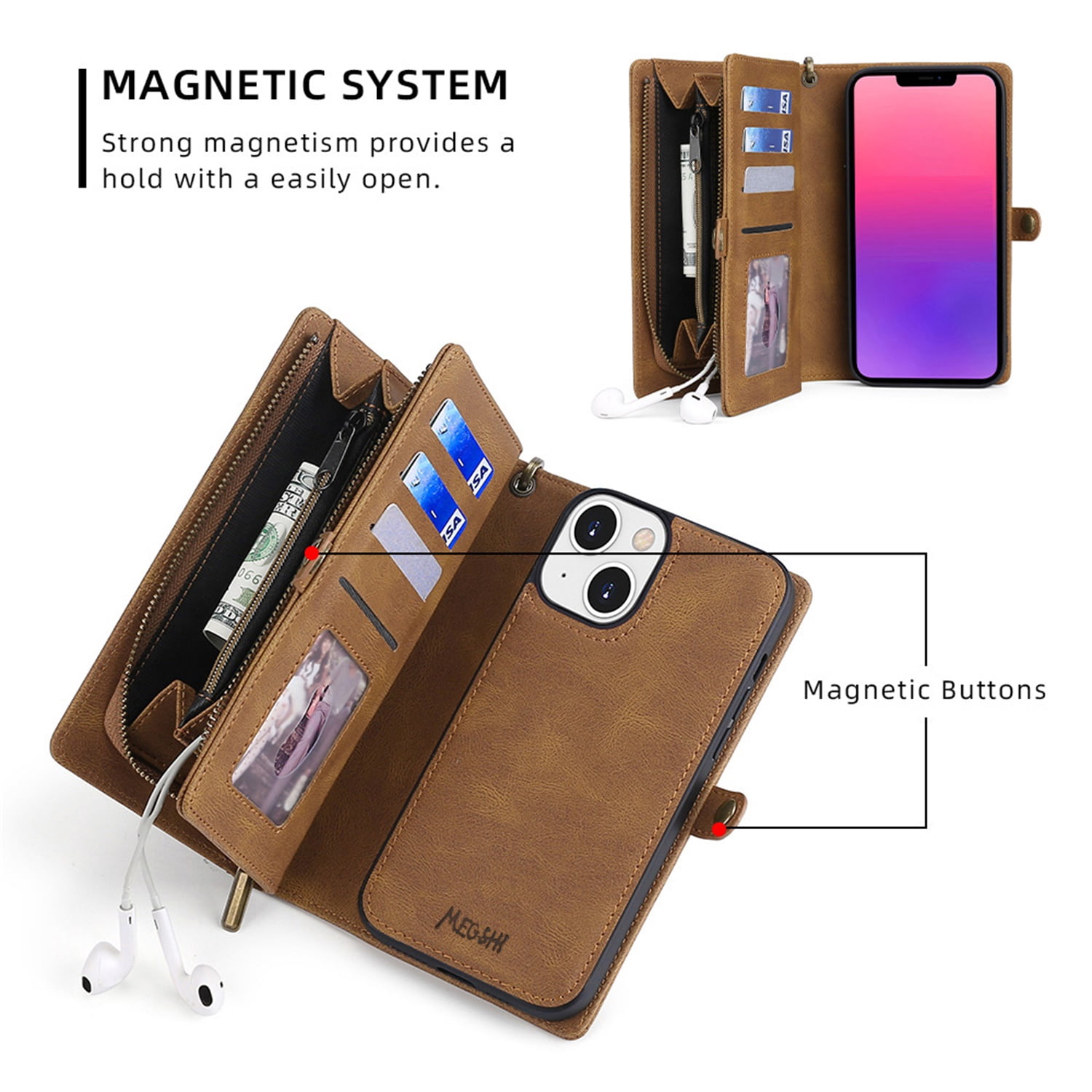Defencase for iPhone 11 Case for Women Men, Removable Durable PU Leather Magnetic Flip Strap Wristlet Zipper Purse Card Holder Detachable Wallet Phone Cases for iPhone 11, Brown