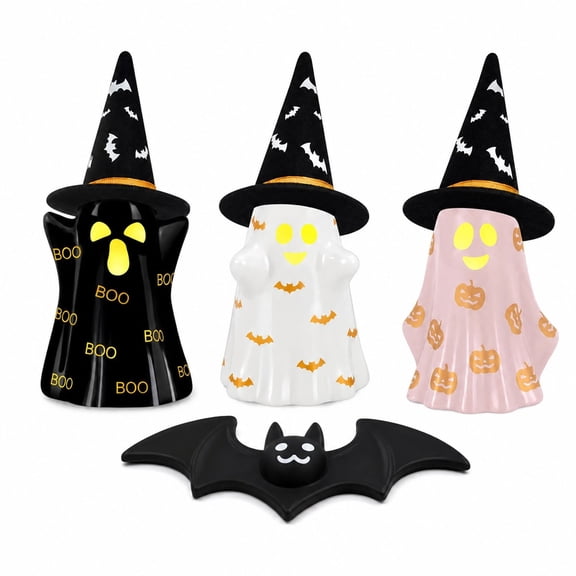 Lighted Ceramic Ghost Halloween Decor with LED Lights, 3 Pack