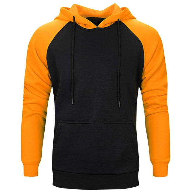 Men Hoodies Color Block Patchwork Blend Fleece Pullover Kanga Pocket Sweatshirts