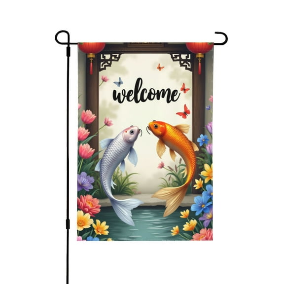 Welcome Garden Flag Koi Fish Double Sided 12x18 Inch Floral Butterfly Garden Yard Flag Outdoor Decoration House Patio Decor Summer Spring