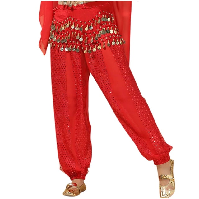 Sequin Pants Belly Dance Performance Dance Pants With Waist Chain Chiffon Highlight Pants