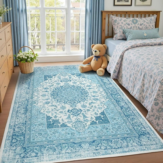 Macgace 5x7 Washable Rugs for Living Room, Faux Wool Vintage Rug for Bedroom Dining Room, Low Pile Soft Boho Floor Covering Carpet Retro Distressed Medallion Mat Traditional Interiors, Blue