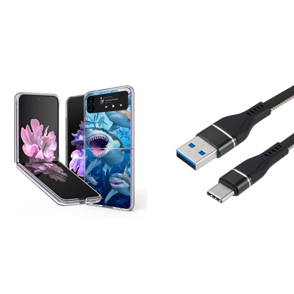 Bemz Premium Bundle for Samsung Galaxy Z Flip 3 5G: Slim Snap-On Protector Case (Sharks), Nylon Braided USB-C to USB-A Cable (3 Feet)