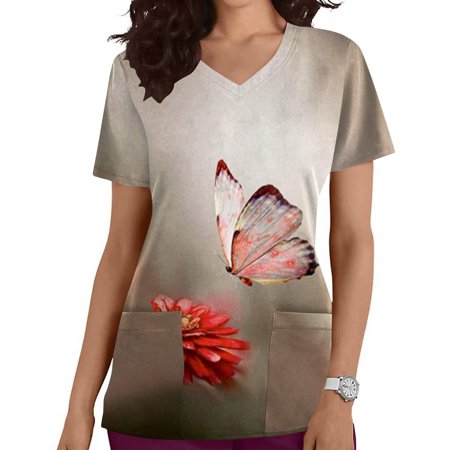 

Kayannuo Print Nursing Uniforms Scrub for Women Clearance Women s Fashion Short Sleeve V-Neck Tops Working Uniform Printing Pocket Blouse Tops
