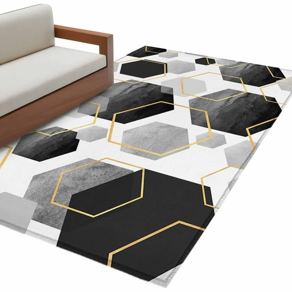Black Grey Area Rug 3x5 FT, Non Slip Entryway Bedside Carpet, Geometric Gold White Hexagon Modern Washable Soft Floor Carpet Indoor Mat Non-Shedding Throw Rug for Dorm Kitchen Home Office
