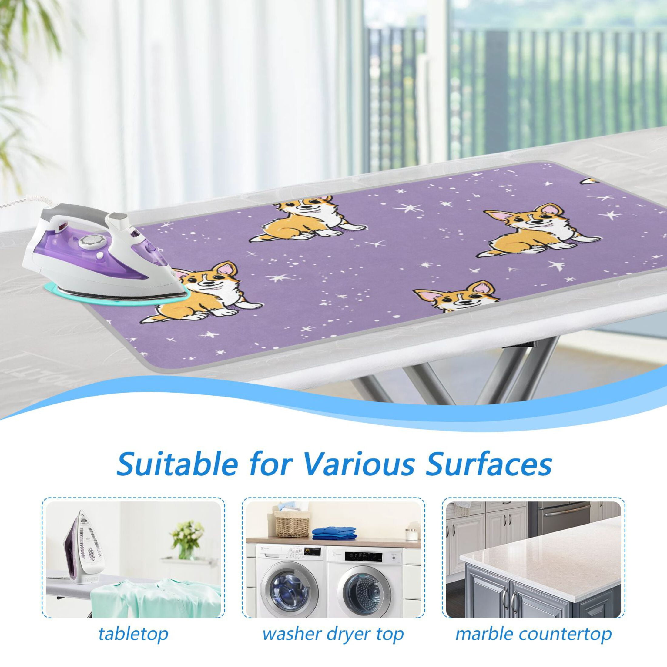 Purple Background Shining Stars Dogs Ironing Mat Blanket Portable Travel Ironing Pad Heat Resistant Pad 47.2" x 27.6”