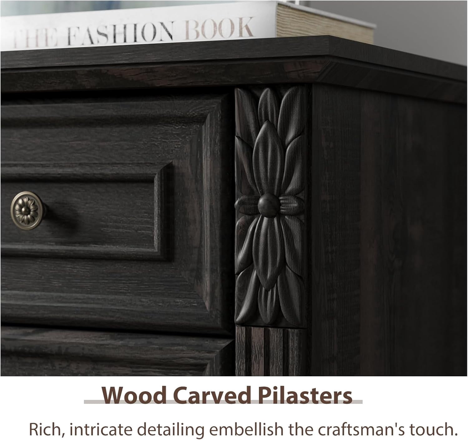 BOSHIRO 4-Drawer Dresser for Bedroom, Farmhouse Carved Storage Chest Organizer with Brown Top, Black Finish