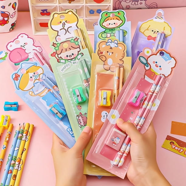 Juego de papelería de dibujos animados, lindo juego de lápices para niños, 5 piezas, regalo de vacaciones, premios para jardín de infantes, suministros de aprendizaje