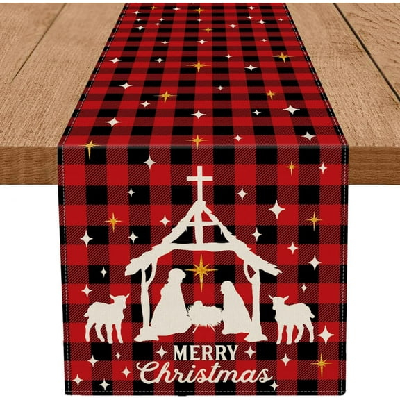Jesus Christmas Decorations Table Runner Buffalo Plaid Holy Night Nativity Christ Seasonal Winter Merry Christmas Xmas Kitchen Dining Table Home Decor 13x36 Inch