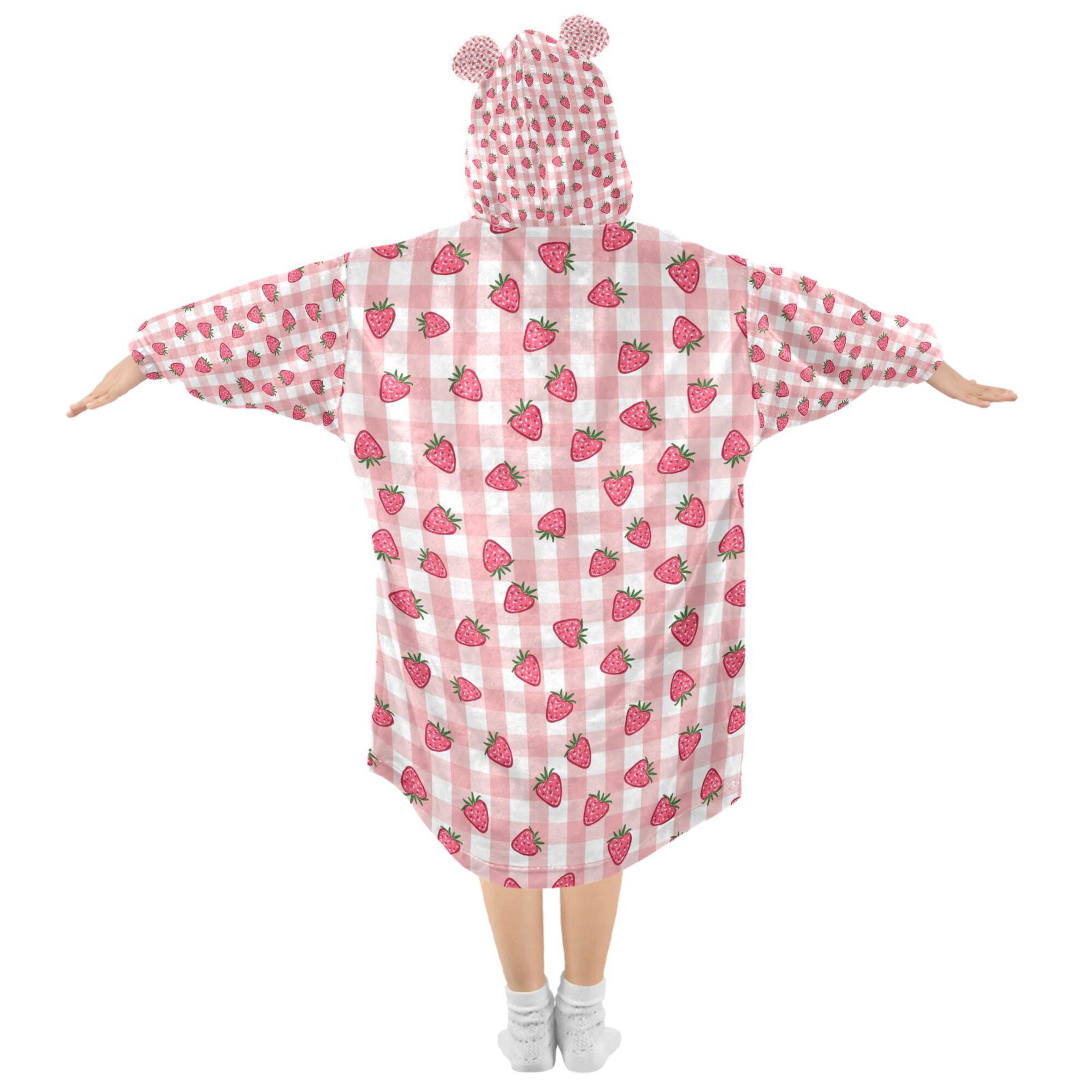 FORMRS Wearable Blanket Hoodie with Sleeves for Kids Cozy Flannel Sweatshirt, Strawberry Plaid Pattern