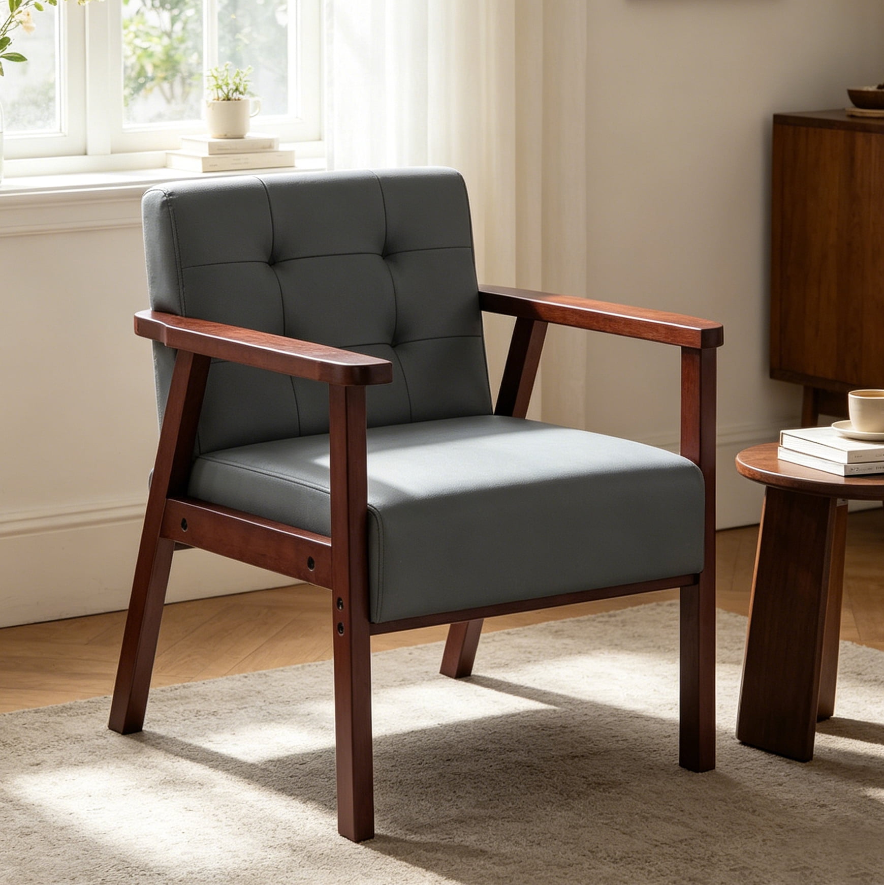 Gewnee 25.39"PU Accent Armchair,Modern Upholstered Armchair with Solid Wood Frame,Comfy Reading Accent Chair for Living Room,Bedroom,Office.Dark Grey