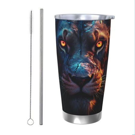 

KLL Forest Cool Lion Print 40oz Stainless Steel Insulated Car Cup with Spillproof Lid - Keep Your Drink Hot or Cold on the Go-Straw Two-piece Set