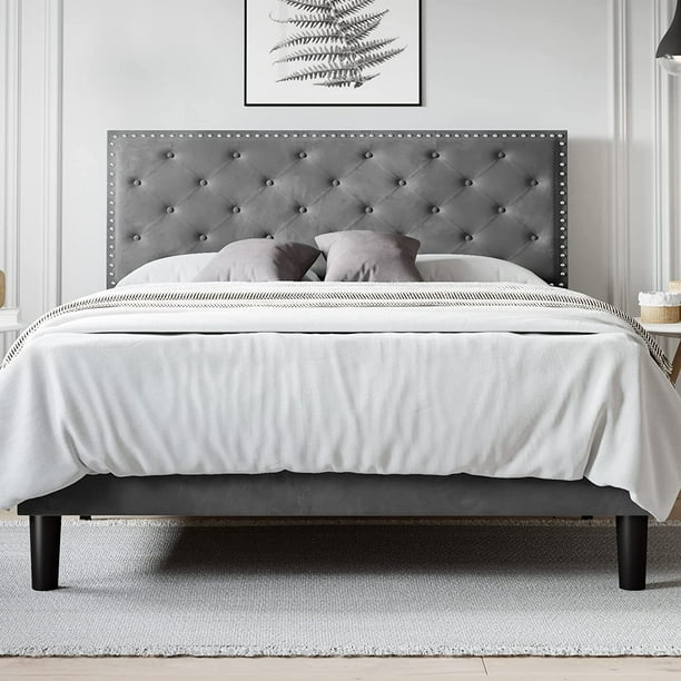 Allewie Queen Size Bed Frame, Velvet Upholstered Platform Bed with