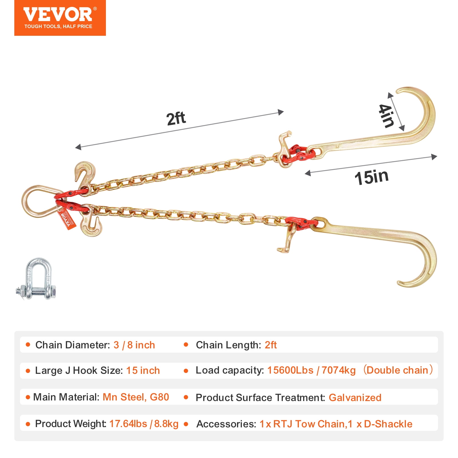VEVOR G80 V Bridle Chain,3/8" x 2' Towing Chain Bridle with 15" J Hooks, T Hooks & Grab Hooks, Heavy Duty Transport Tow Chain Bridle with 7800 lbs Safe Working Load for Flatbed Truck Wrecker Recovery