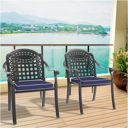 JERFIT 2-Pack Patio Dining Chairs, Stackable Outdoor Armchairs with Blue Cushions, All-Weather Cast Aluminum Frame, Black