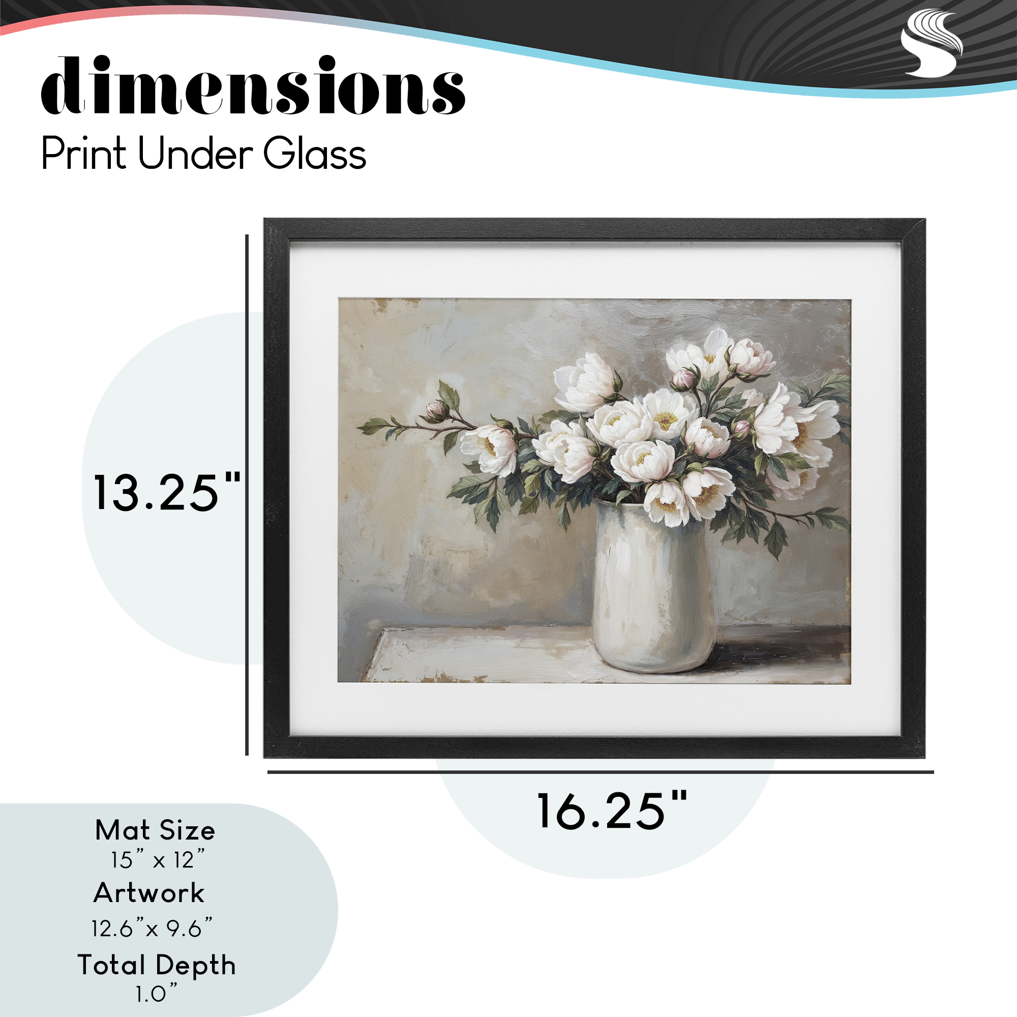 White Flowers in Vase Still Life Black Framed Print Under Glass, design by Lettered and Lined