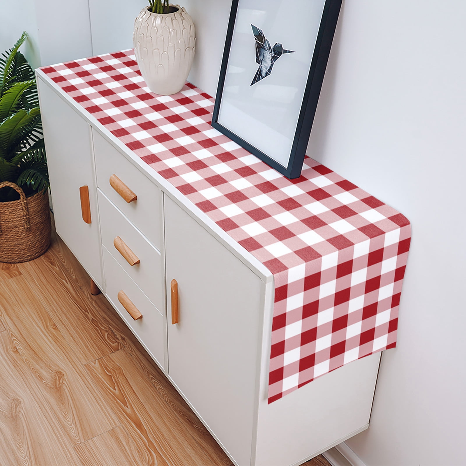 Farmhouse Red Plaid Table Runner Rustic Red White Checkered Tablerunners 13 x 90 Inch, Table Decorations Tabletop Scarf for Summer Gathering Holiday Farmhouse Kitchen Dining Decor