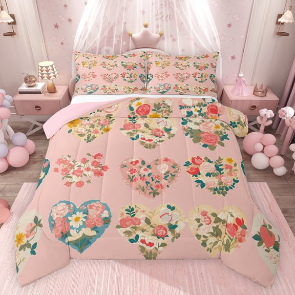 Feelyou Kawaii Love Heart Bedding Comforter Set for Teen, Anniversary Flower Floral Twin Comforter Sets, Girly Pink Cartoon Reversible Bedding Set, Ultra Soft Bedroom Decor, 2-Piece