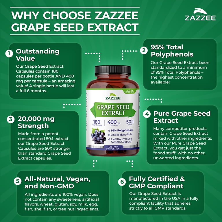 Zazzee Grape Seed Extract 400 mg Vegan Capsules, 180 ct - Walmart.com