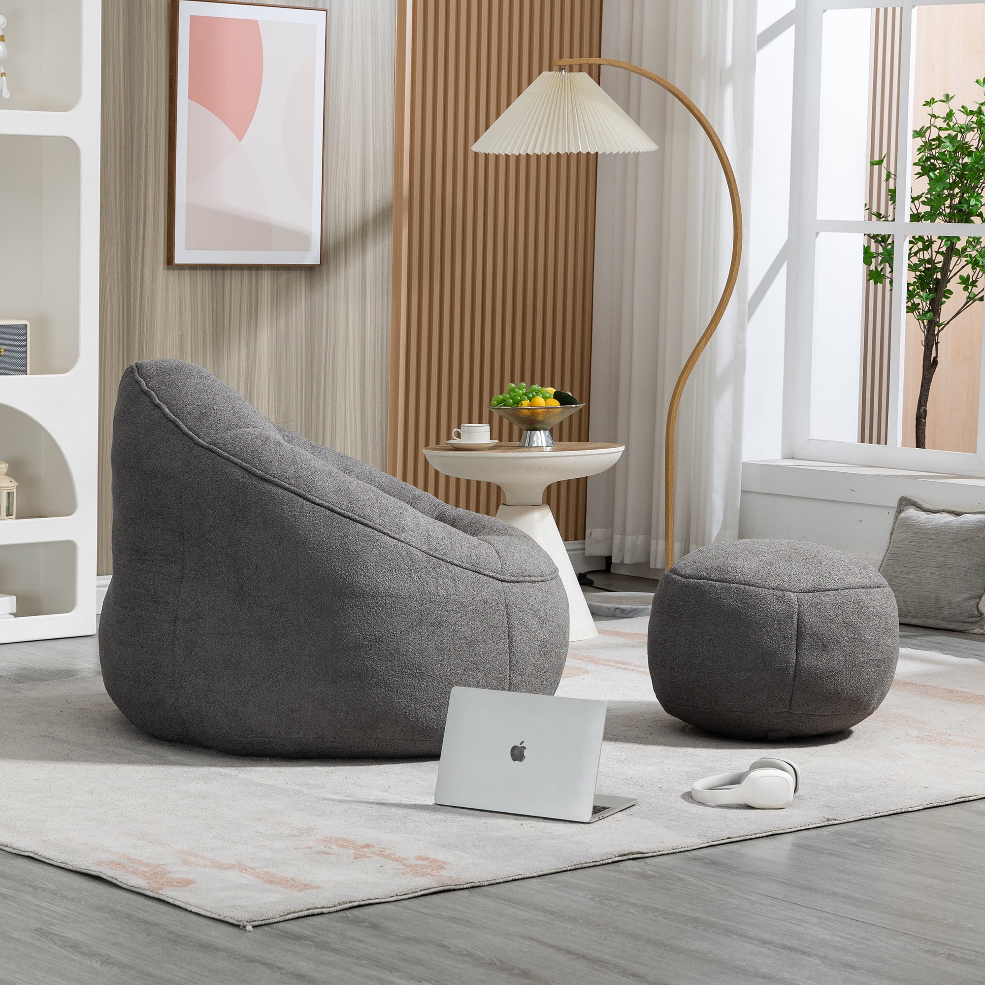 PORKISS Oversized Bean Bag Chair with Ottoman, Memory Foam Super Soft Lazy Couch for Adults Teens Kids, Microfiber Grey