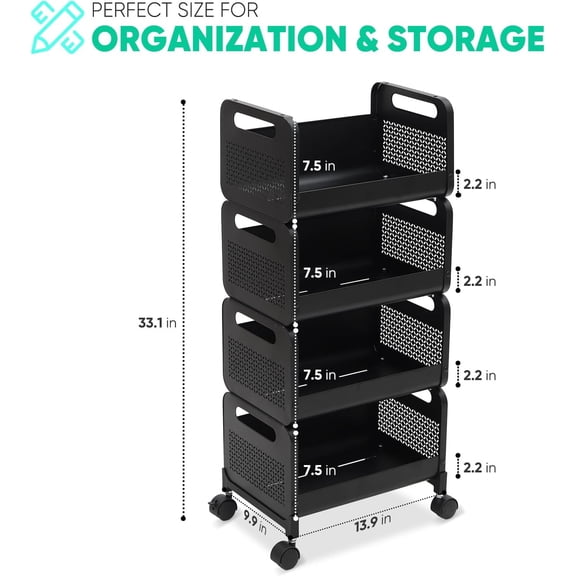 Fruit Vegetable Basket for Kitchen, 4 Tier Stackable Fruit and Vegetable Storage Cart, Pantry Organizers and Storage, Kitchen Furniture Utility Cart, Snack Rack, Potato and Onion, Black