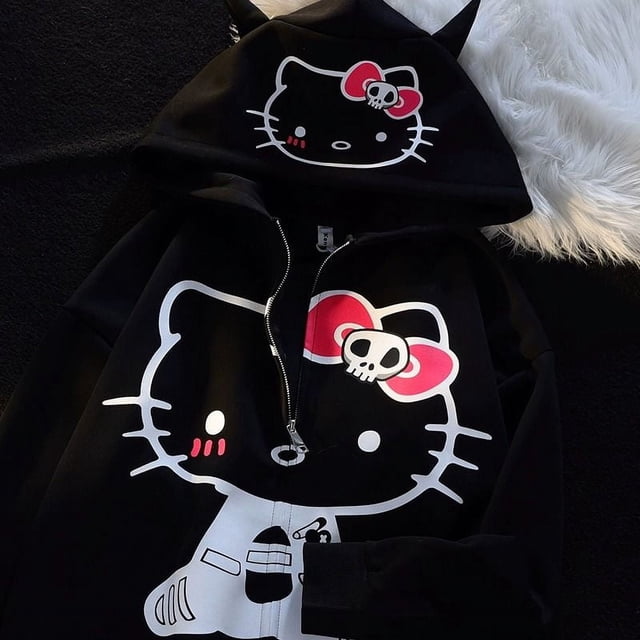 Sudadera con capucha y estampado de Hello Kitty de Sanrio, 100 % algodón, estilo chino chic, con cremallera y holgado, para mujer