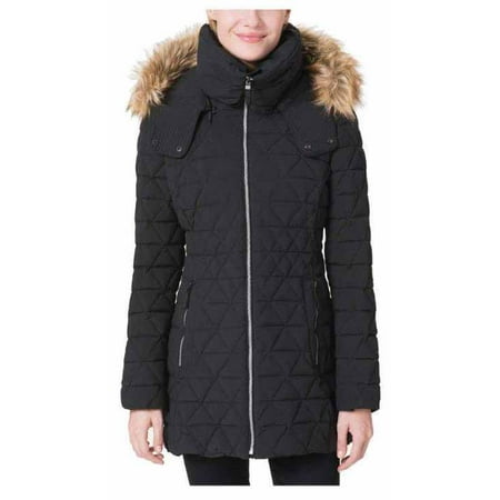 Andrew Marc Womens Quilted Coat with Faux Fur Trim Hood (Black,