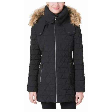 Andrew Marc Womens Jacket - Andrew Marc Womens Quilted Coat with Faux Fur Trim Hood (Black, X-Large)