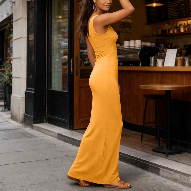 yellow bodycon tank dress Hduncf Womens Summer Maxi Dresses Fashion Solid Color Basic Casual Sleeveless Scoop Neck Cocktail Sundresses L The Naia Cashmere Color archived+1 La Femme Dress 32878 SIZE:44