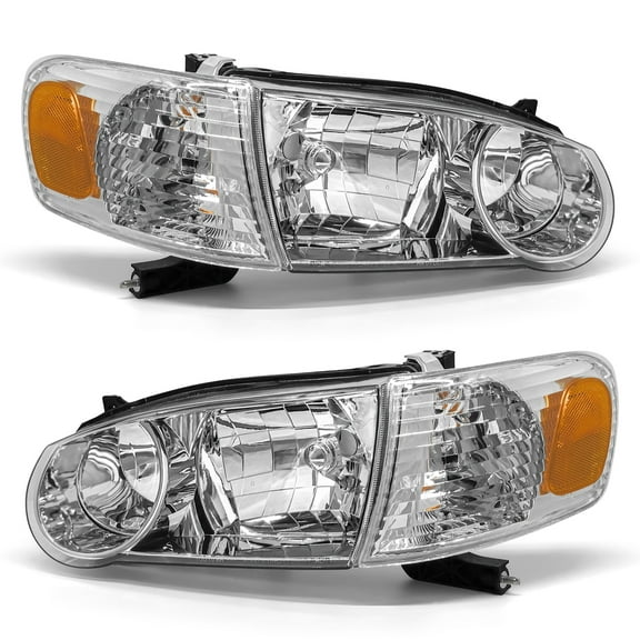 TopAutoGear Headlight Assembly for 2001 2002 Toyota Corolla Clear Lens Chrome Housing with Amber Reflector Headlamps Replacement Left and Right Pair
